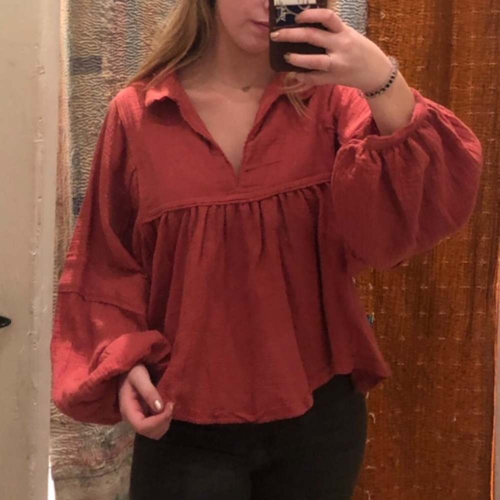 free people balloon sleeve collared blouse